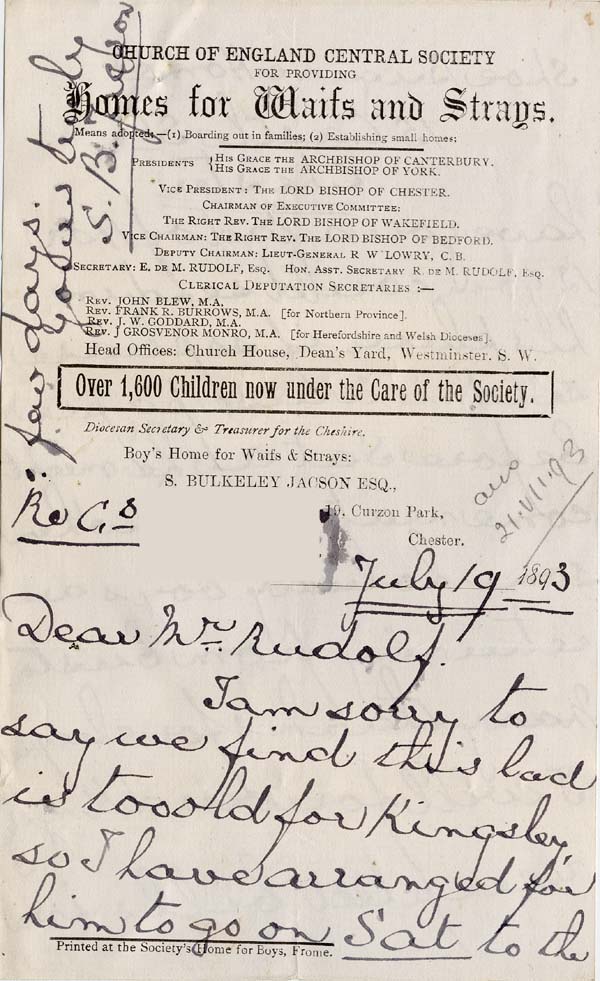 Large size image of Case 3623 4. Letter from S.B. Jacson of Kingsley Hall 19 July 1893
 page 1
