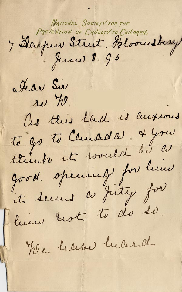 Large size image of Case 3623 5. Letter from National Society for the Prevention of Cruelty of Children 8 June 1895
 page 1