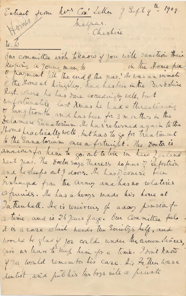 Large size image of Case 3623 6. Extract of a letter from Miss Cox, Cheshire 9 September  1909
 page 1