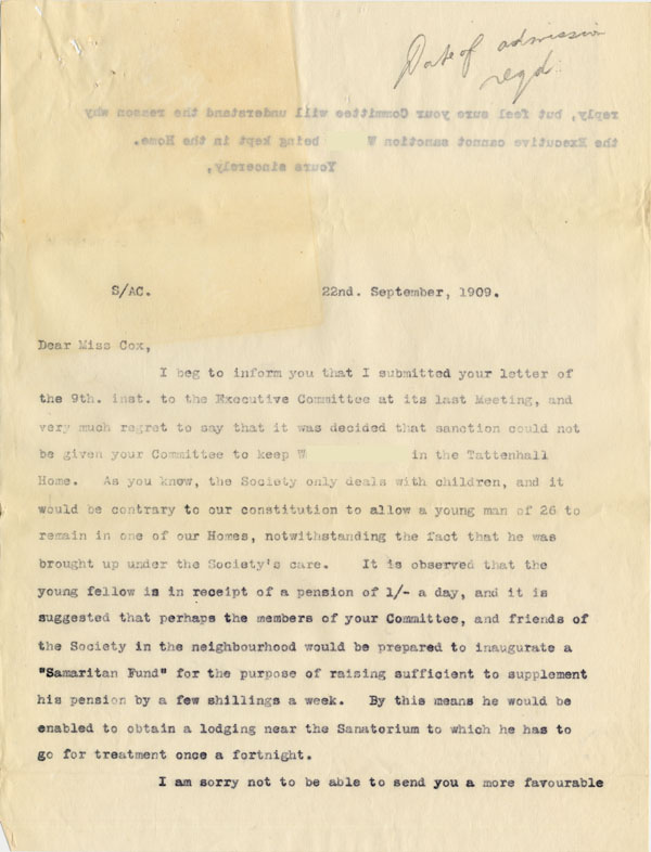 Large size image of Case 3623 7. Letter to Miss Cox 22 September 1909
 page 1