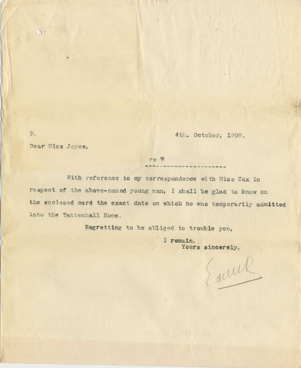 Large size image of Case 3623 9. Letter to Miss Joyce 4 October 1909
 page 1