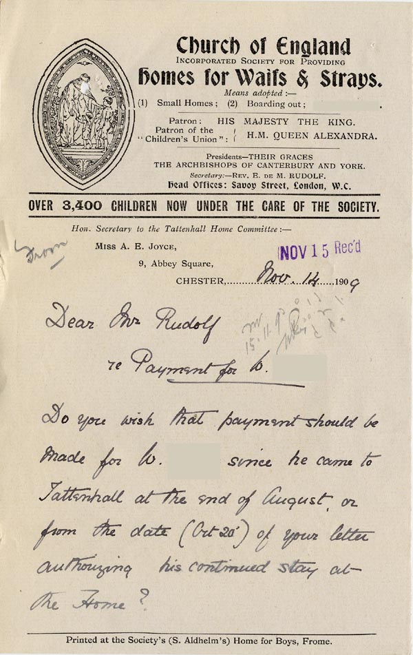 Large size image of Case 3623 14. Letter from Tattenhall Home Committee 14 November 1909
 page 1