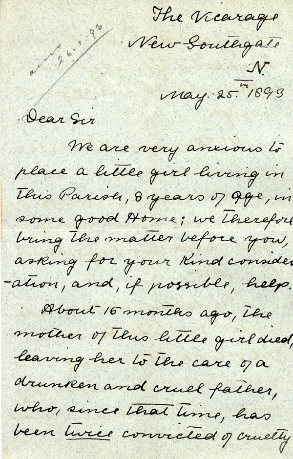 Large size image of Case 3737 2. Letter from New Southgate vicarage 25 May 1893
 page 1