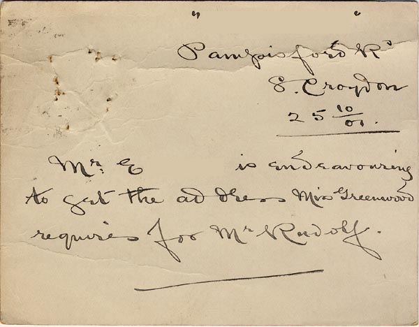 Large size image of Case 3821 20. Postcard to Miss Greenwood 25 October 1901
 page 2