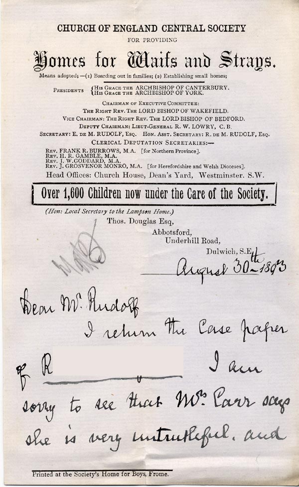 Image of Case 3821 7. Letter from the Lampson Home 30 August 1893
 page 1