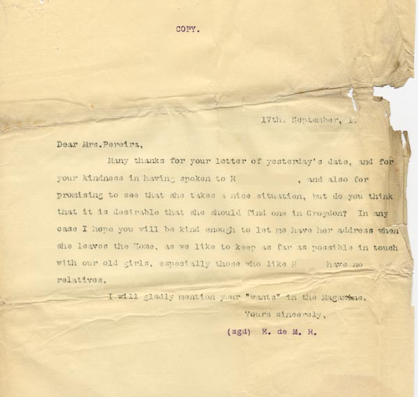 Image of Case 3821 16. Copy of letter to Mrs Pereira from Edward Rudolf 17 September 1901
 page 1
