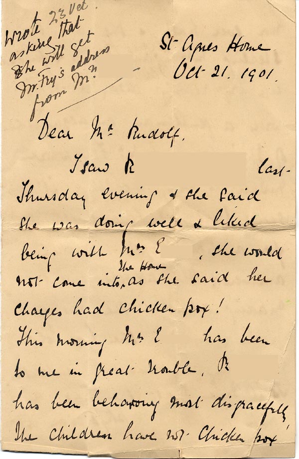 Image of Case 3821 19. Letter from the St Agnes Home 21 October 1901
 page 1