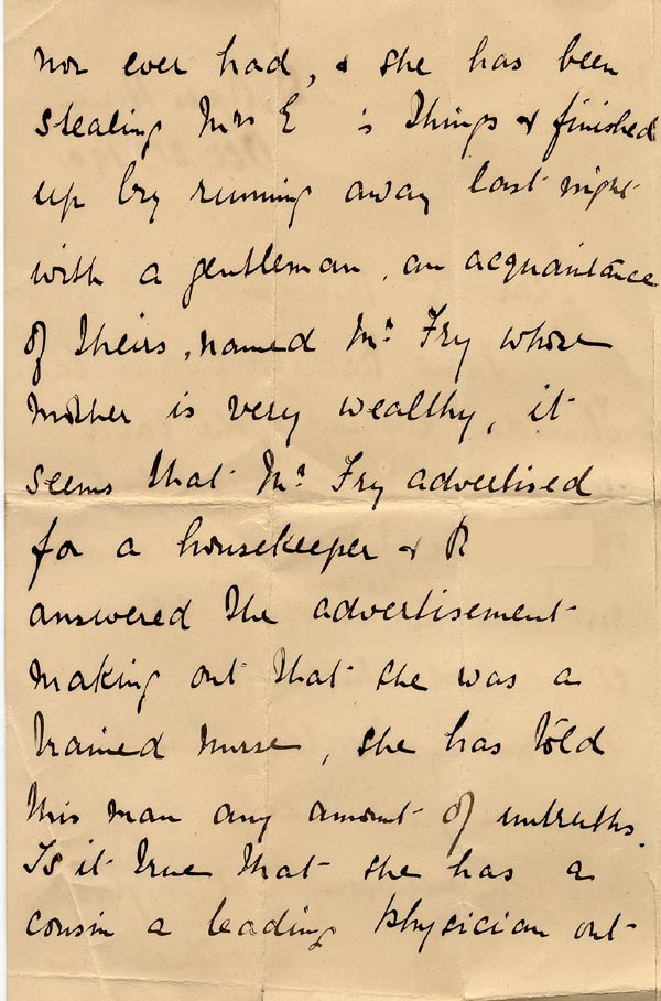 Image of Case 3821 19. Letter from the St Agnes Home 21 October 1901
 page 2
