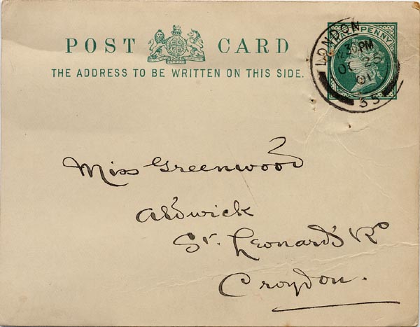 Image of Case 3821 20. Postcard to Miss Greenwood 25 October 1901
 page 1
