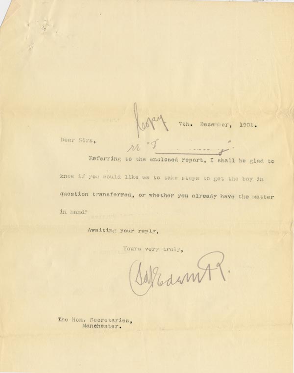 Large size image of Case 3967 3. Copy of letter to the Manchester Branch Waifs and Strays  7 December 1901
 page 1
