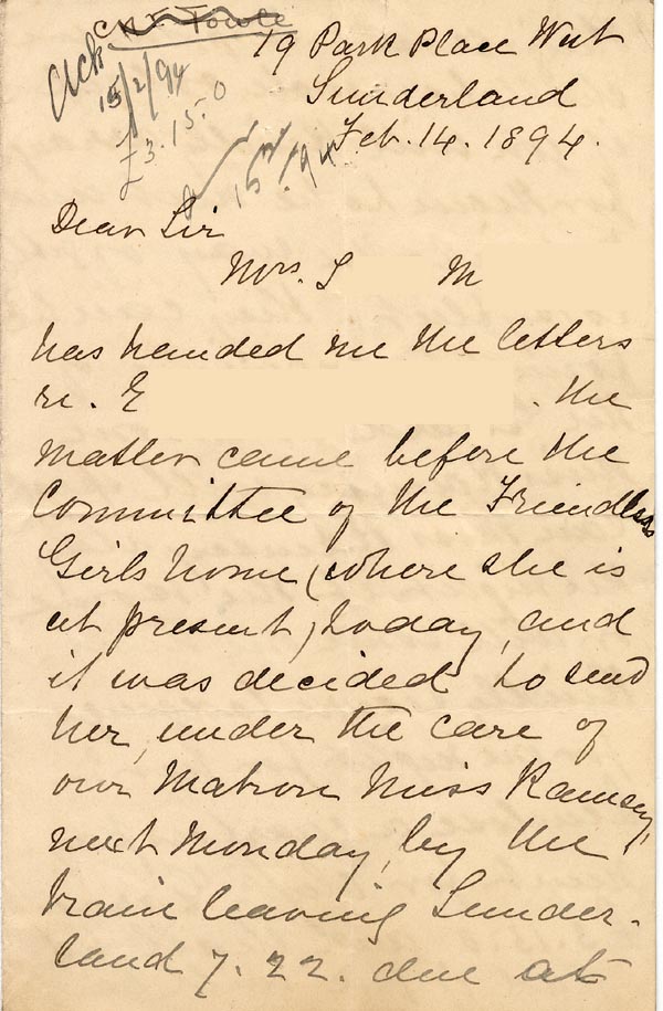Large size image of Case 4129 2. Letter from the Home for Friendless Girls 14 February 1894
 page 1