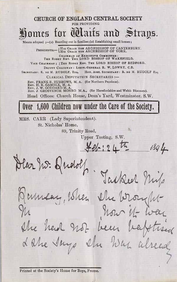 Large size image of Case 4129 3. Letter from St. Nicholas' Home, Tooting 24 February 1894
 page 1