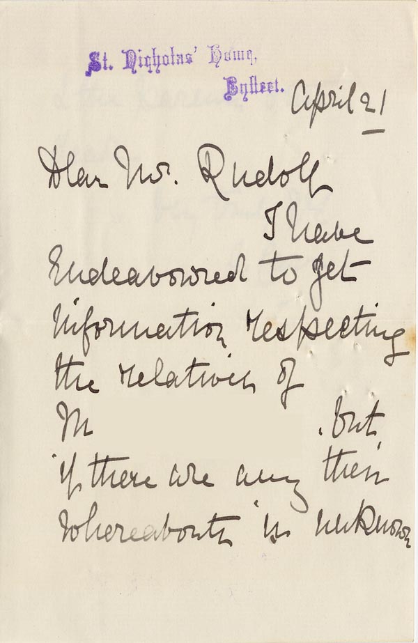 Large size image of Case 4129 6. Letter from St. Nicholas' Home, Byfleet 21 April 1894
 page 1