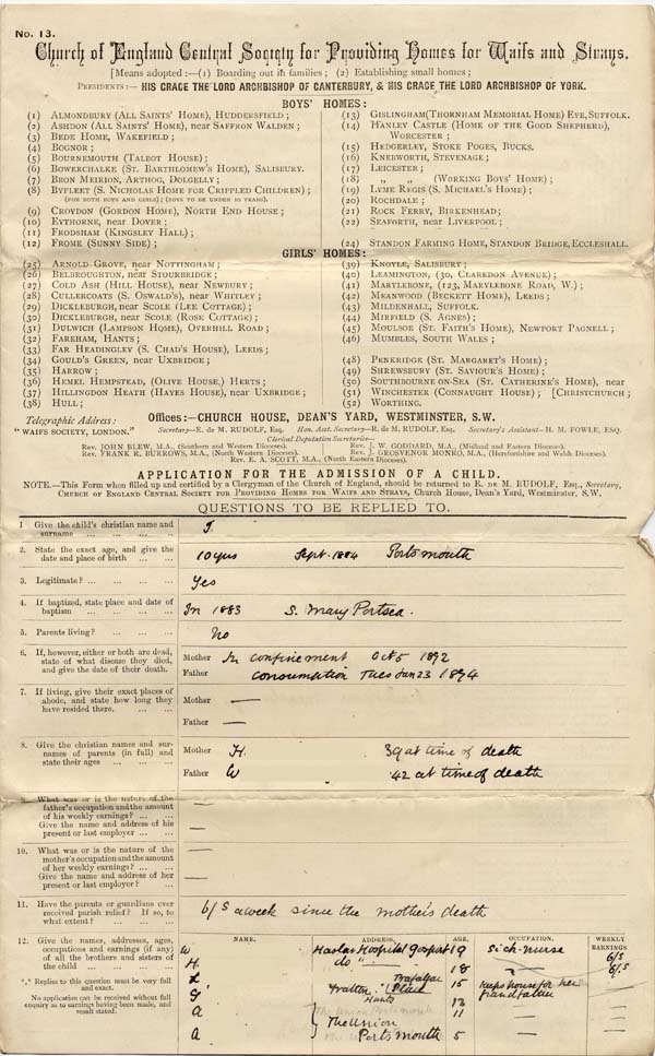 Large size image of Case 4166 1. Application to Waifs and Strays' Society  February 1894
 page 1