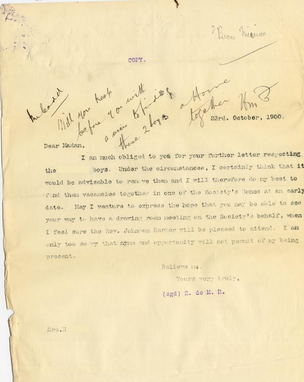 Large size image of Case 4171 11. Copy letter from Revd Edward Rudolf to Mrs H. agreeing to remove the children  23 October 1900
 page 1