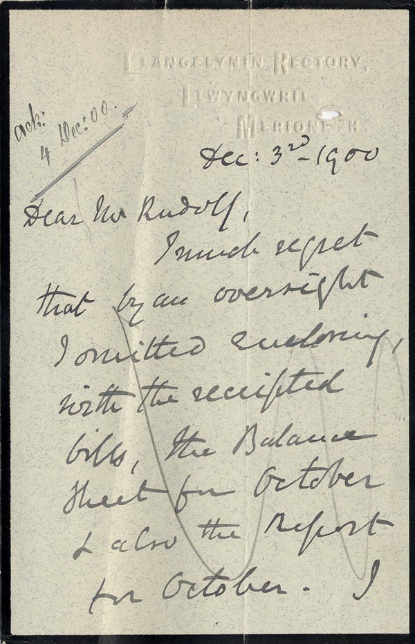 Large size image of Case 4171 19. Letter from St Deniol's Home acknowledging the boys' arrival  3 December 1900
 page 1