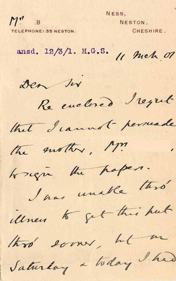Large size image of Case 4171 21. Letter from Mrs B. about the home circumstances of H. and G's mother and stepfather  11 March 1901
 page 1