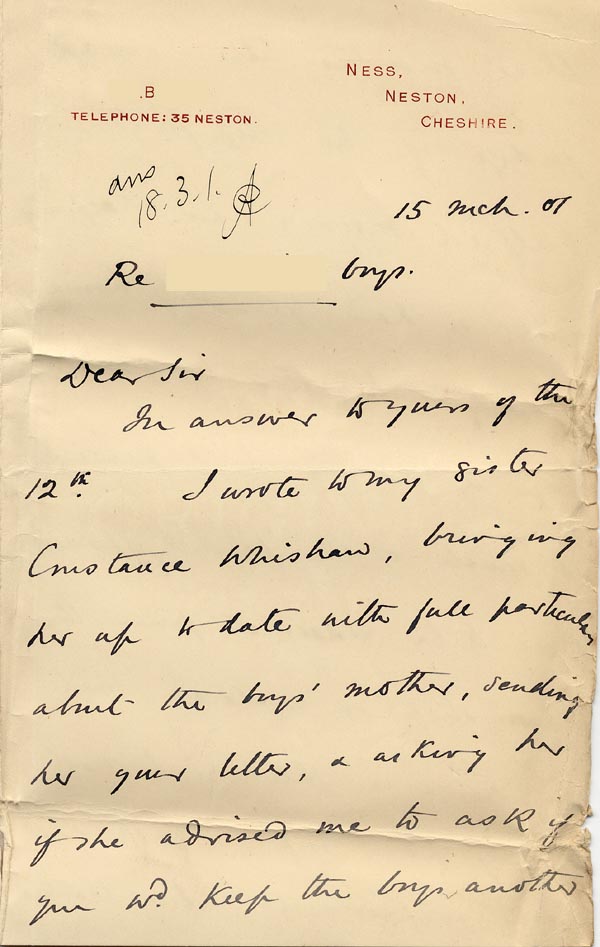 Large size image of Case 4171 24. Letter from Mrs B. asking if the boys could remain in the Home a little longer  15 March 1901
 page 1