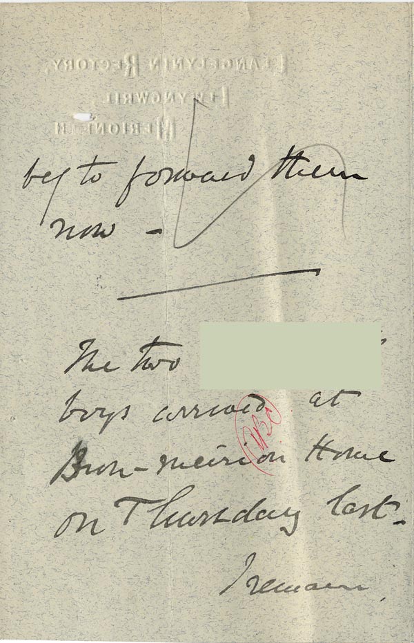 Large size image of Case 4172 19. Letter from St Deniol's Home acknowledging the boys' arrival  3 December 1900
 page 2