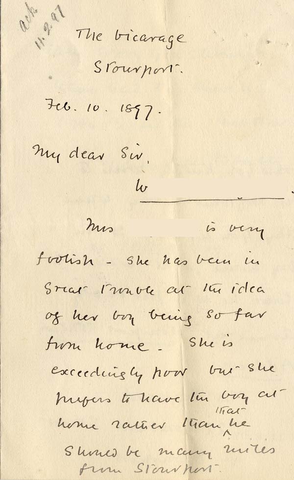 Large size image of Case 4179 2. Letter from Revd M. 10 February 1897
 page 1