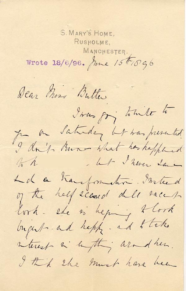 Large size image of Case 4215 8. Letter from Sister-in-Charge, St Mary's Home to Miss Butler, St Saviour's Home  15 June 1896
 page 1