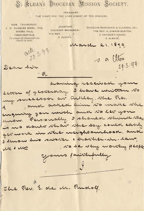 Large size image of Case 4220 2. Letter from Revd J. 21 March 1899
 page 1