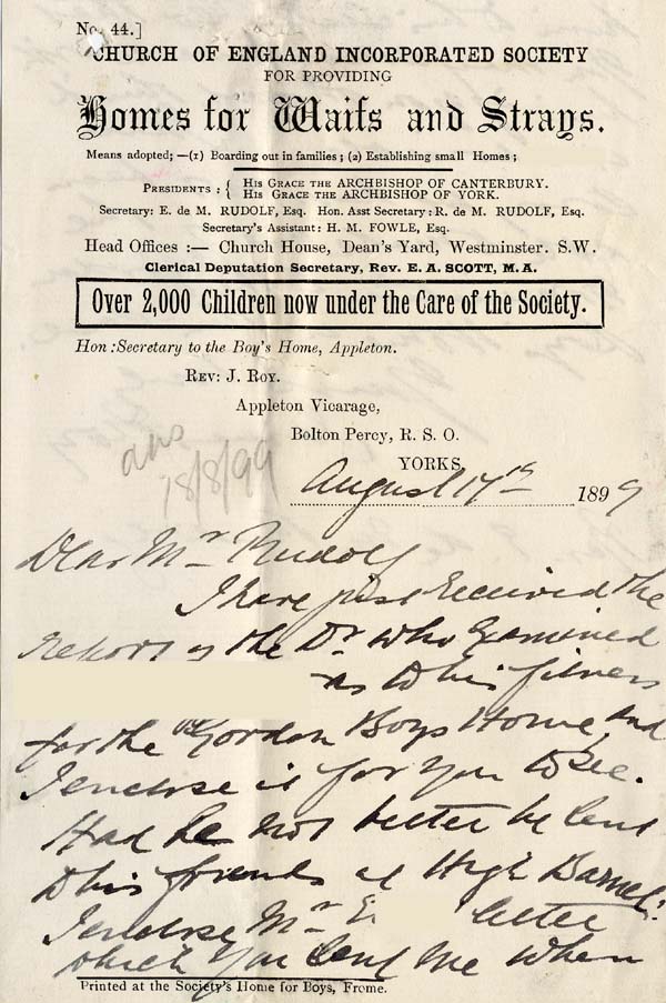Large size image of Case 4220 4. Letter from Revd J. Roy, Honorary Secretary to the Appleton Home 17 August 1899
 page 1