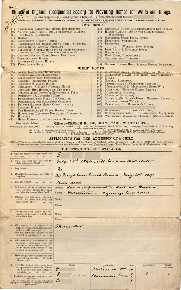 Large size image of Case 4249 1. Application to Waifs and Strays' Society  10 April 1894
 page 1