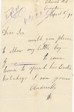Image of Case 4314 3. Letter from G's mother requesting that her son be allowed to spend the Easter holidays at home  5 April 1895
 page 1