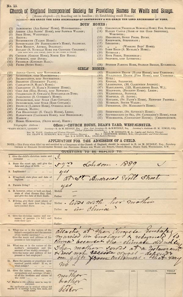 Large size image of Case 4664 1. Application to Waifs and Strays' Society  27 December 1894
 page 1