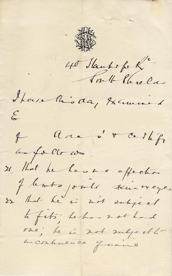 Large size image of Case 4776 3. Letter from Dr B. containing medical examination  1 April 1895
 page 1