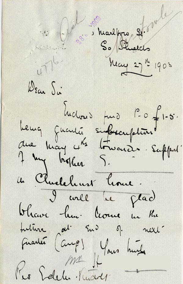 Large size image of Case 4776 9. Letter from E's brother  27 May 1903
 page 1