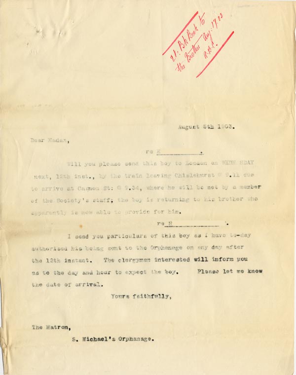 Large size image of Case 4776 11. Letter to the Matron, St Michael's Orphanage  5 August 1903
 page 1