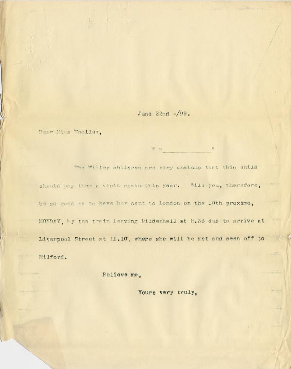 Large size image of Case 5008 16. Letter from Miss Woolley, Mildenhall Home to Miss Hall Hall 22 June 1899
 page 1