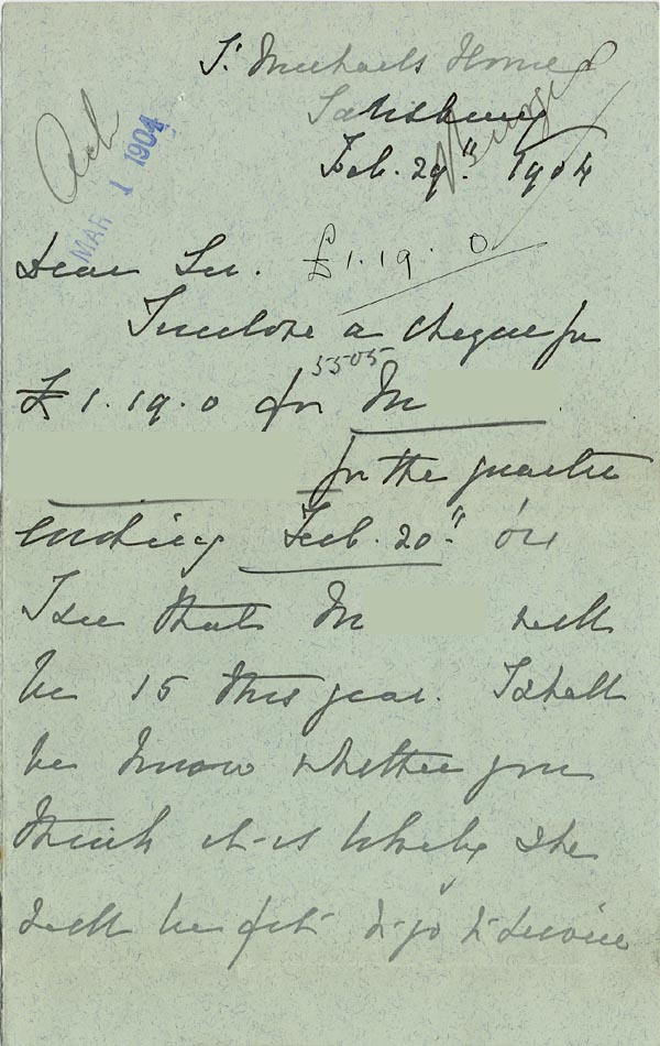 Large size image of Case 5505 6. Letter from St Michael's Home 29 February 1904
 page 1