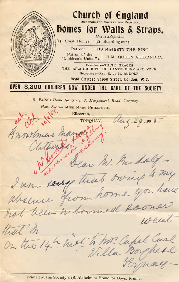Large size image of Case 5505 8. Letter from St Faith's Home 29 August 1905
 page 1