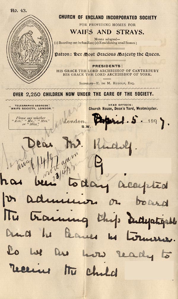 Large size image of Case 5929 2. Letter from the Honorary Secretary of the Rock Ferry Home  5 April 1897
 page 1