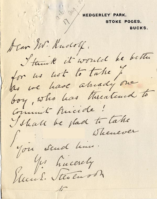 Large size image of Case 5929 3. Letter from Mrs E. Stevenson, Hedgerley Farm Home  c. 16 August 1903
 page 1