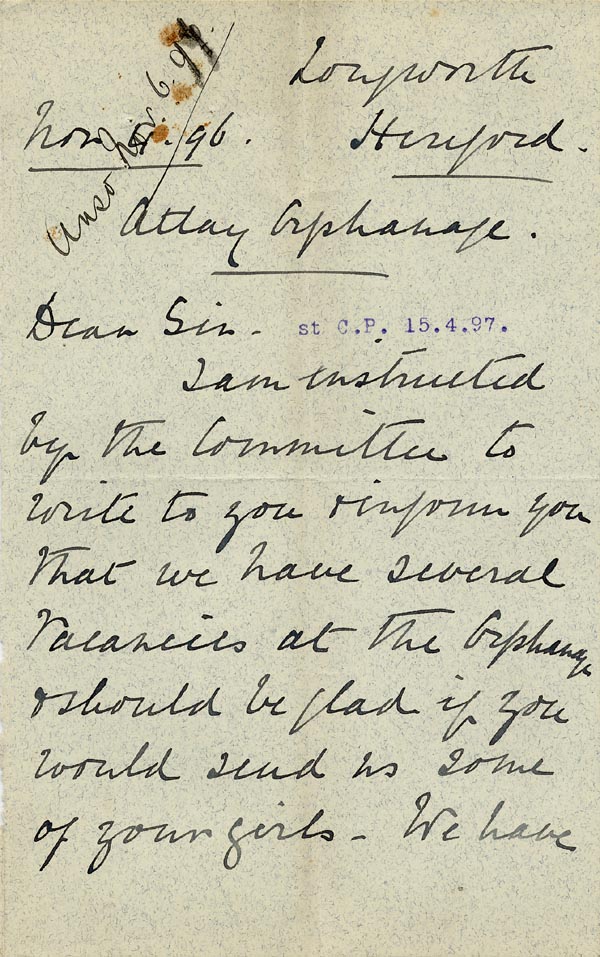 Large size image of Case 5959 5. Letter from the Atlay Orphanage, Hereford informing the Society that they have vacancies and asking them to send some girls  4 November 1896
 page 1