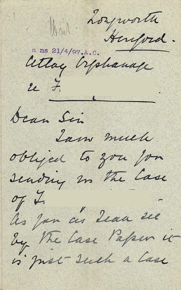 Large size image of Case 5959 6. Letter from the Atlay Orphanage about F.  April 1897
 page 1
