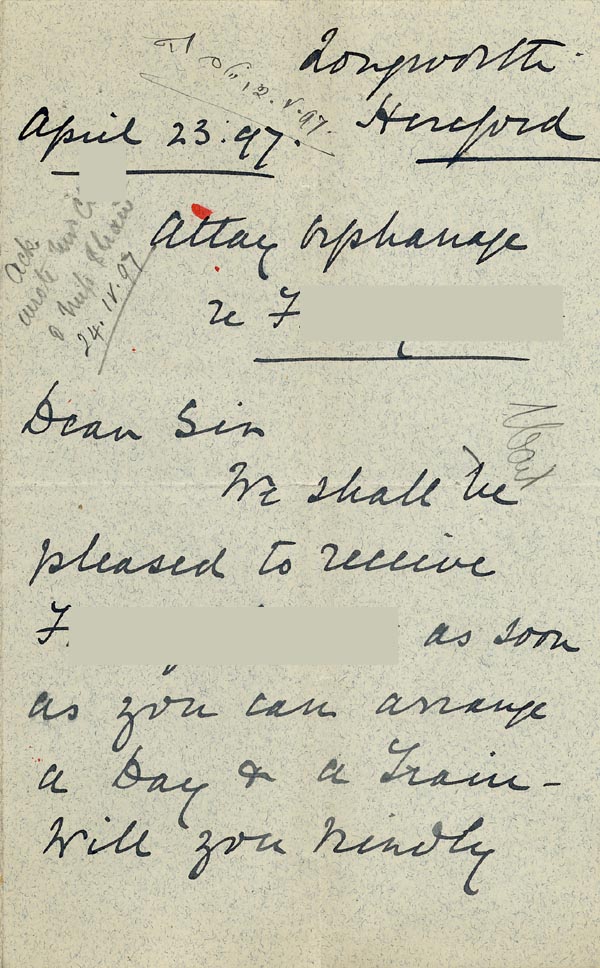 Large size image of Case 5959 7. Letter from the Atlay Orphanage agreeing to take F.  23 April 1897
 page 1