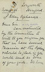 Image of Case 5959 5. Letter from the Atlay Orphanage, Hereford informing the Society that they have vacancies and asking them to send some girls  4 November 1896
 page 1