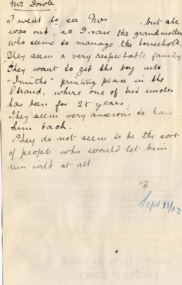 Large size image of Case 5977 8.  Note from Revd H. 11 September 1903
 page 1