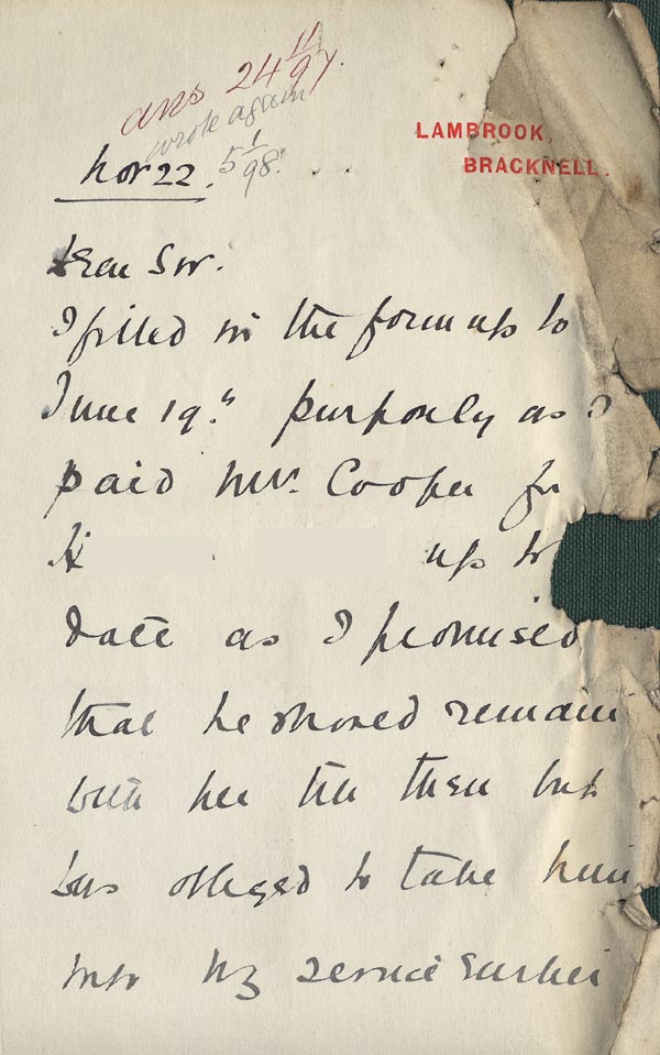 Large size image of Case 6001 2. Letter from Mrs Mansfield concerning J's health  22 November 1897
 page 1