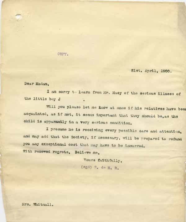 Large size image of Case 6001 4. Copy letter to J's foster mother  21 April 1900
 page 1