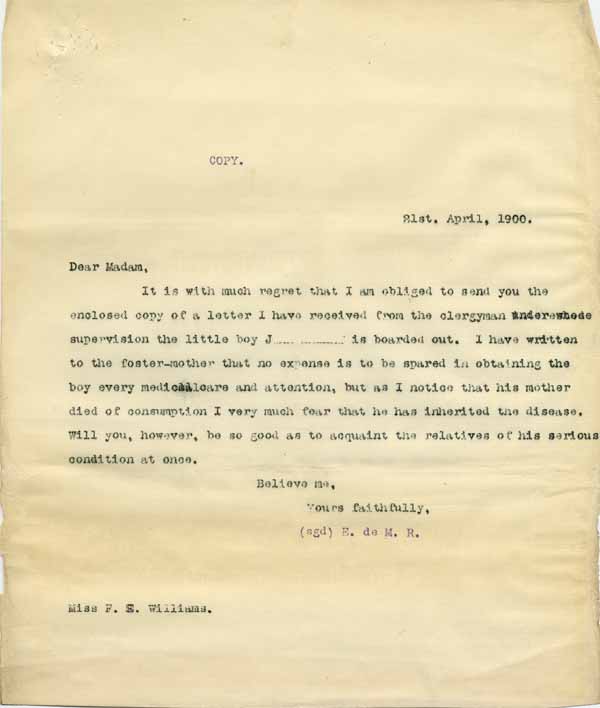 Large size image of Case 6001 5. Copy letter to Miss Frances Williams about J's condition  21 April 1900
 page 1