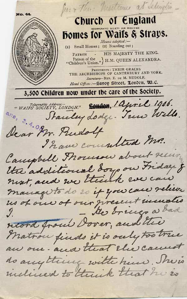 Large size image of Case 6001 8. Letter from the Tunbridge Wells Home about removing J.  1 April 1906
 page 1