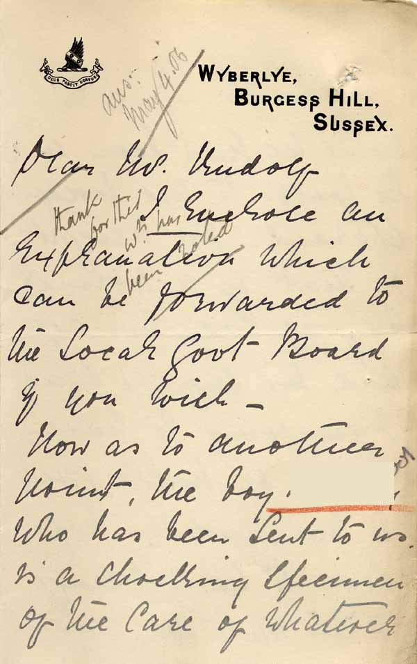 Large size image of Case 6001 9. Letter from the St Luke's Home about J's poor physical condition  2 May 1906
 page 1