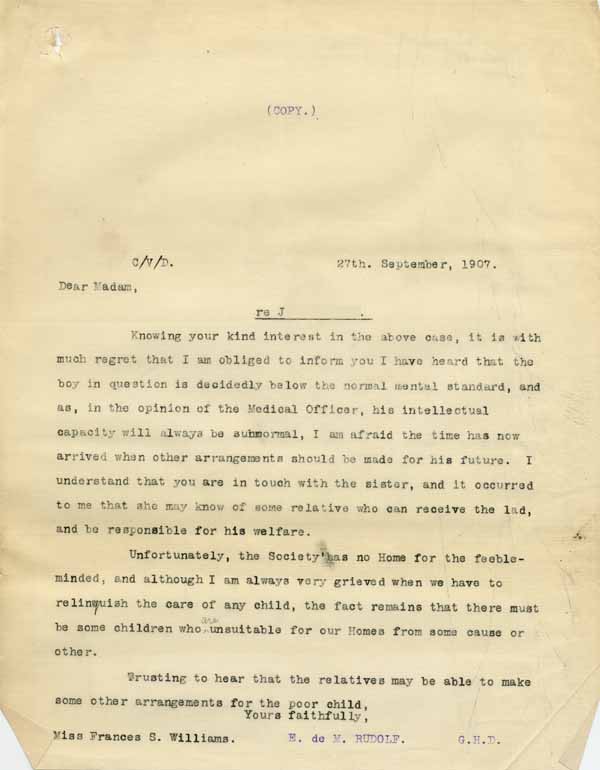 Large size image of Case 6001 13. Copy letter from Revd Edward Rudolf  27 September 1907
 page 1
