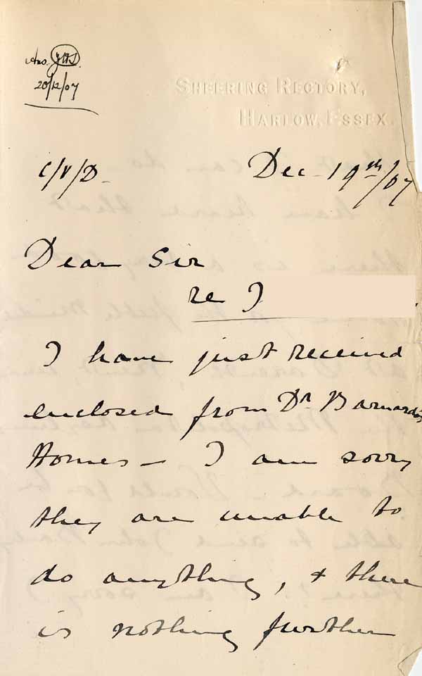 Large size image of Case 6001 18. Letter from Miss Williams giving news of Dr Barnardo's Homes and suggesting a Metropolitan Asylums Board Home in Darenth, Kent  19 December 1907
 page 1